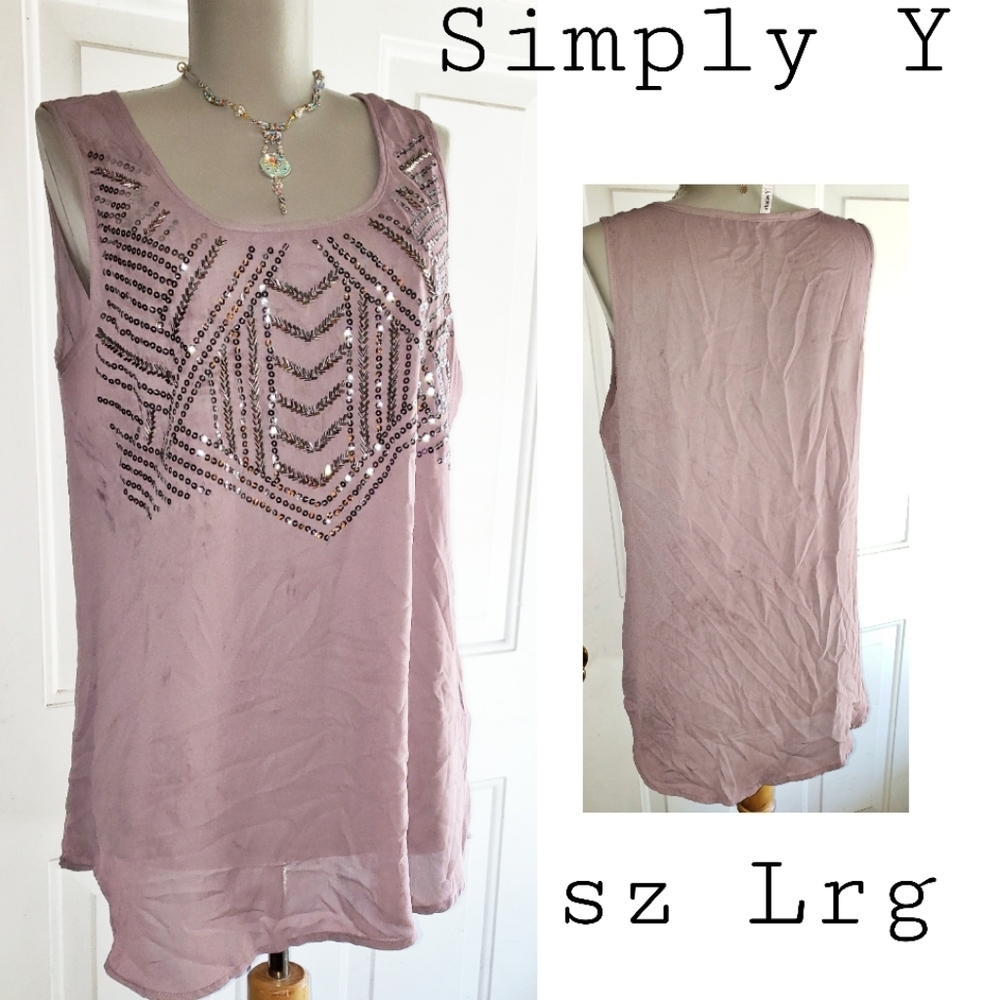 Simply Y mauve colored embellished sheer top. Sz L